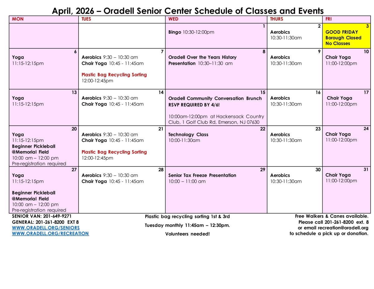 March 2026 calendar of programs and classes at the Oradell Senior Center. For more information on classes and free transportation services for seniors and people with disabilities, please call Oradell Recreation at 201-261-8200 extension 8.