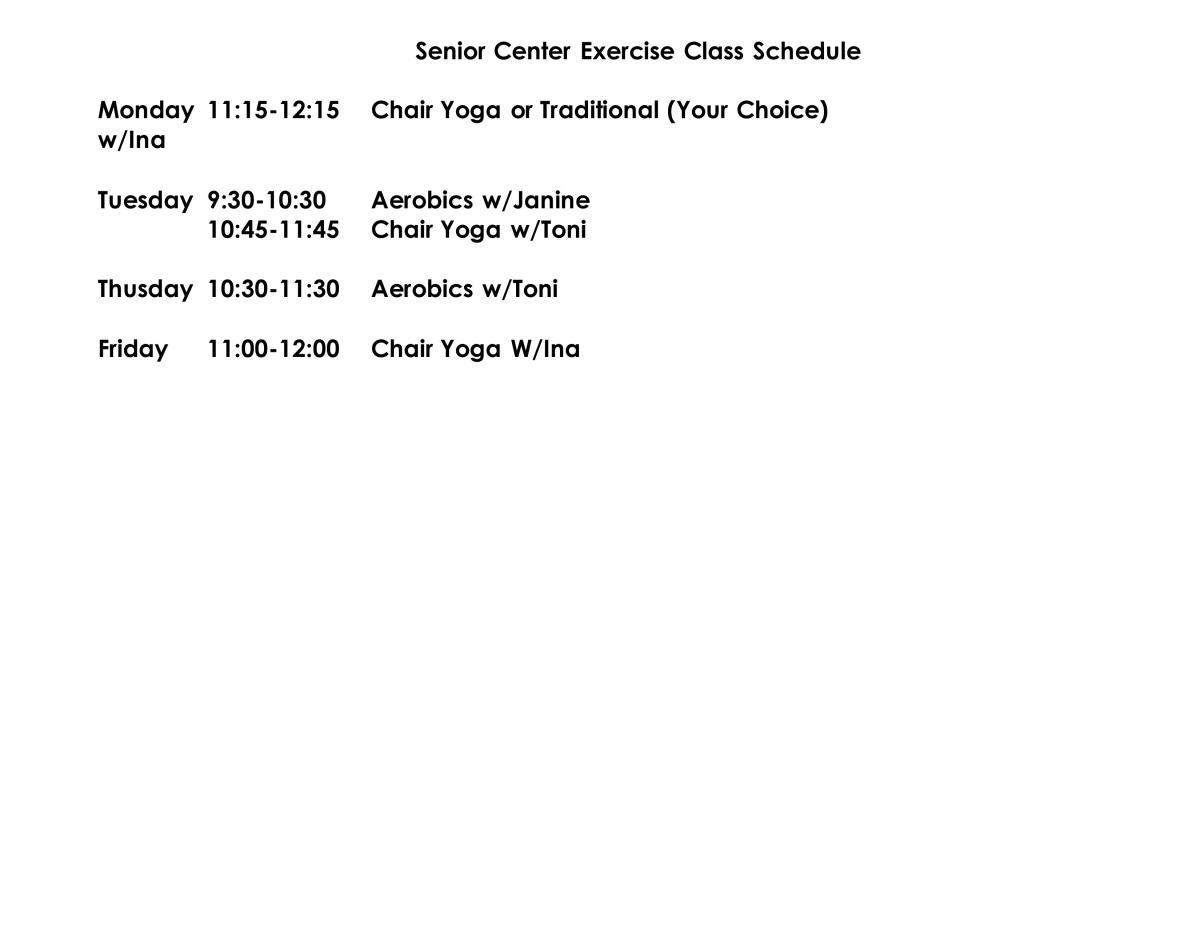 Weekly senior exercise schedule. for more info, please call 201-261-8200 extension 8 to reach the Oradell Recreation Department.