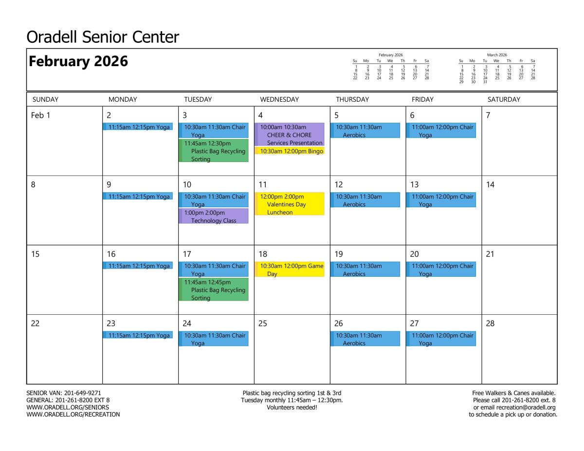 February 2026 calendar of programs and classes at the Oradell Senior Center. For more information on classes and free transportation services for seniors and people with disabilities, please call Oradell Recreation at 201-261-8200 extension 8.