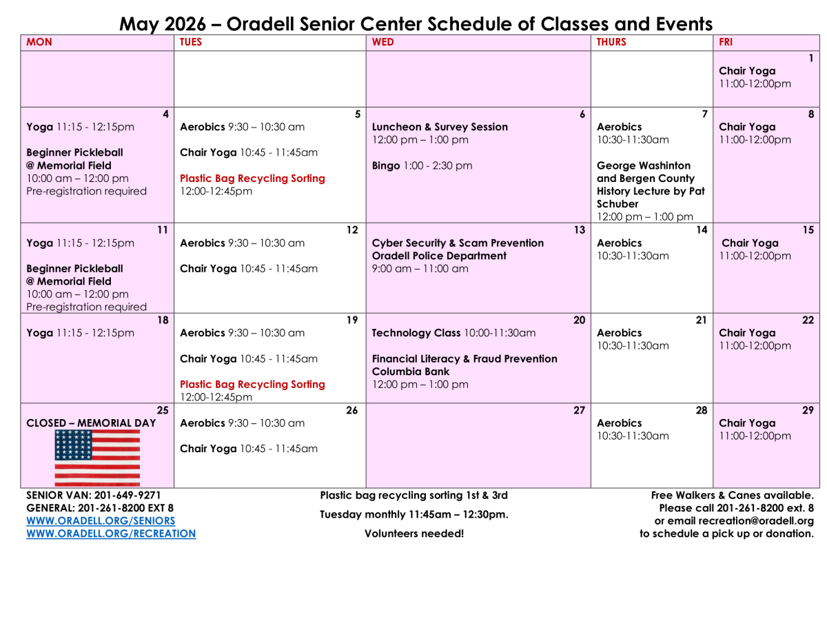 This month's calendar of programs and classes at the Oradell Senior Center. For more information on classes and free transportation services for seniors and people with disabilities, please call Oradell Recreation at 201-261-8200 extension 8.