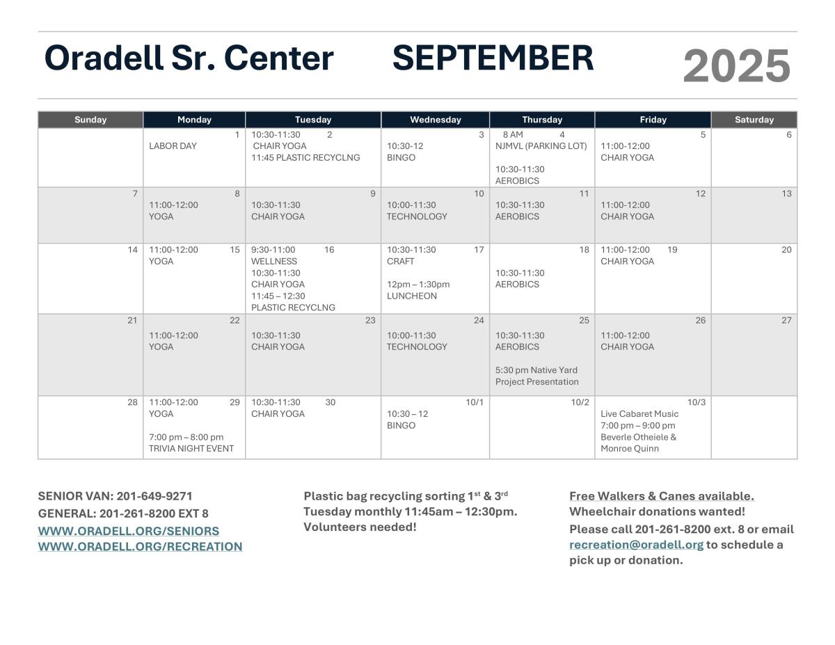 Oradell Senior Center Calendar for September 2025. This calendar includes information for classes and events. To learn more, please call 201-261-8200 extension 8.
